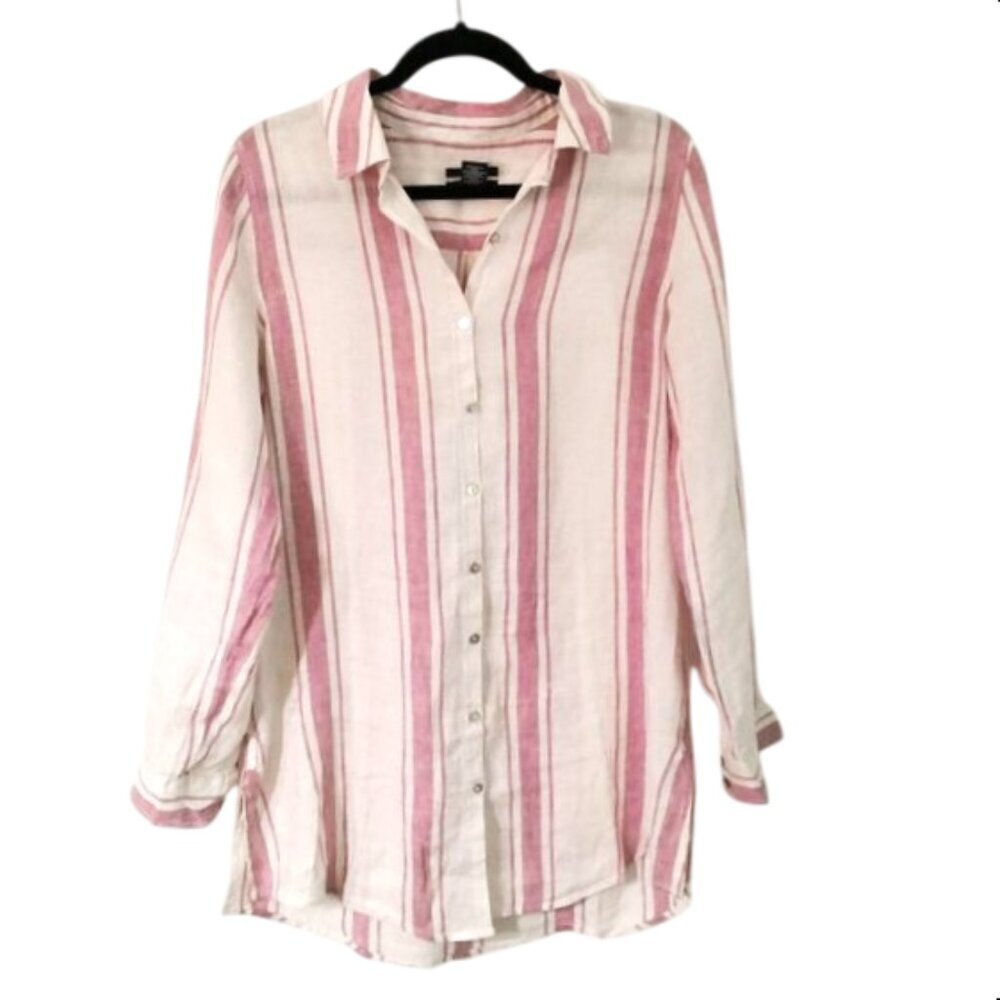 JNY 100% Linen Stripe Roll Tab Top‎ Size M